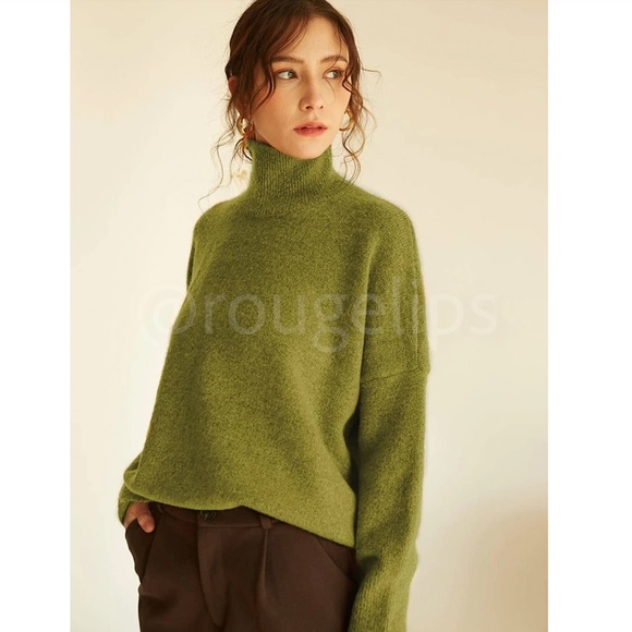 Olive Green Knit Turtleneck Pullover Sweater Long Sleeve Drop Shoulder - Picture 9 of 17
